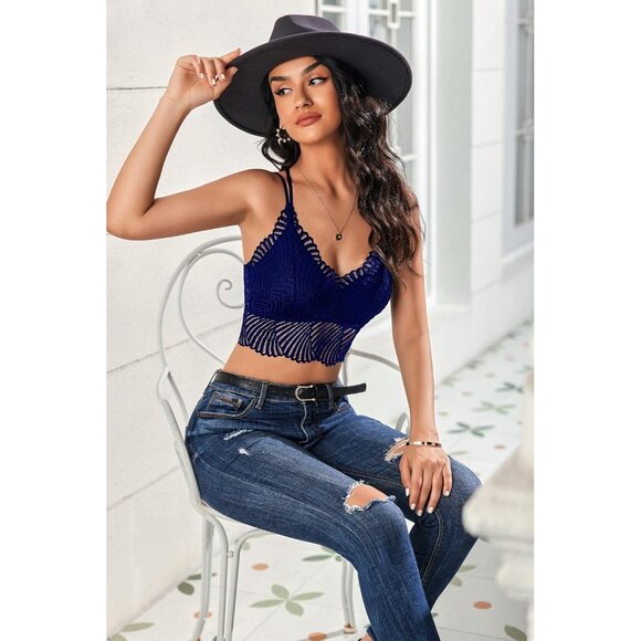 Women's Navy Blue-1 Lace Camisoles Double-layered V-neck Sexy Bralettes Crop Top - Picture 4 of 6
